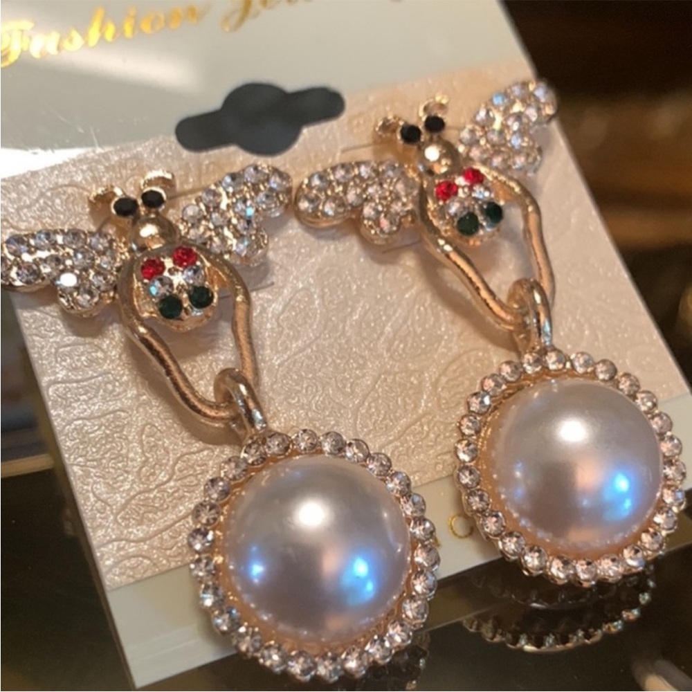 Gold Pearl Crystal Bee Earrings